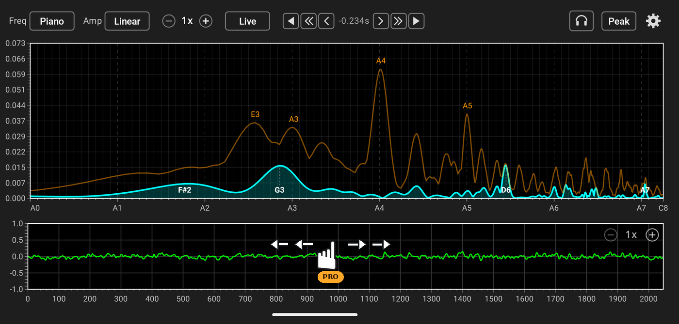 Piano frequency axis with Freeze mode active — monitor button, playback controls, and waveform drag-seek arrows (Pro)