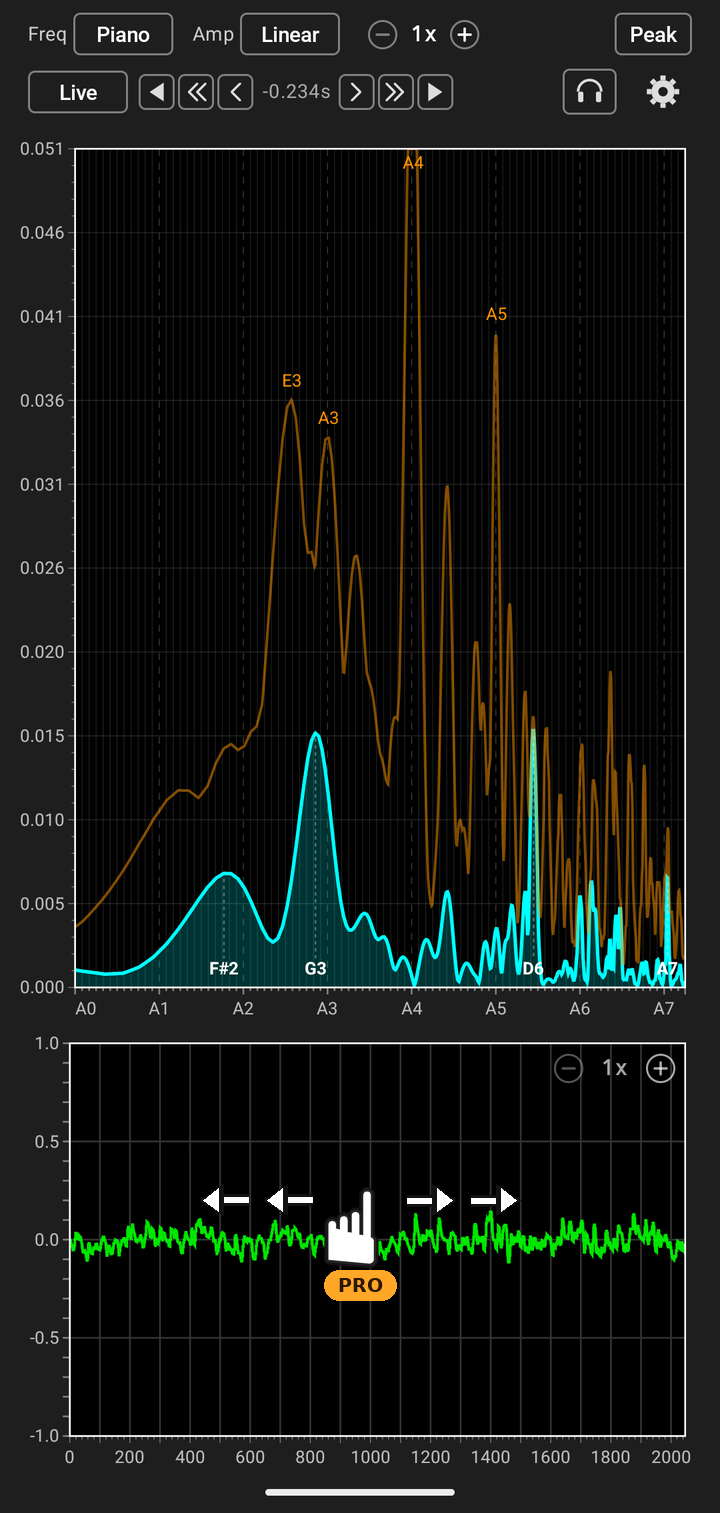Piano frequency axis with Freeze mode active — monitor button, playback controls, and waveform drag-seek arrows (Pro)