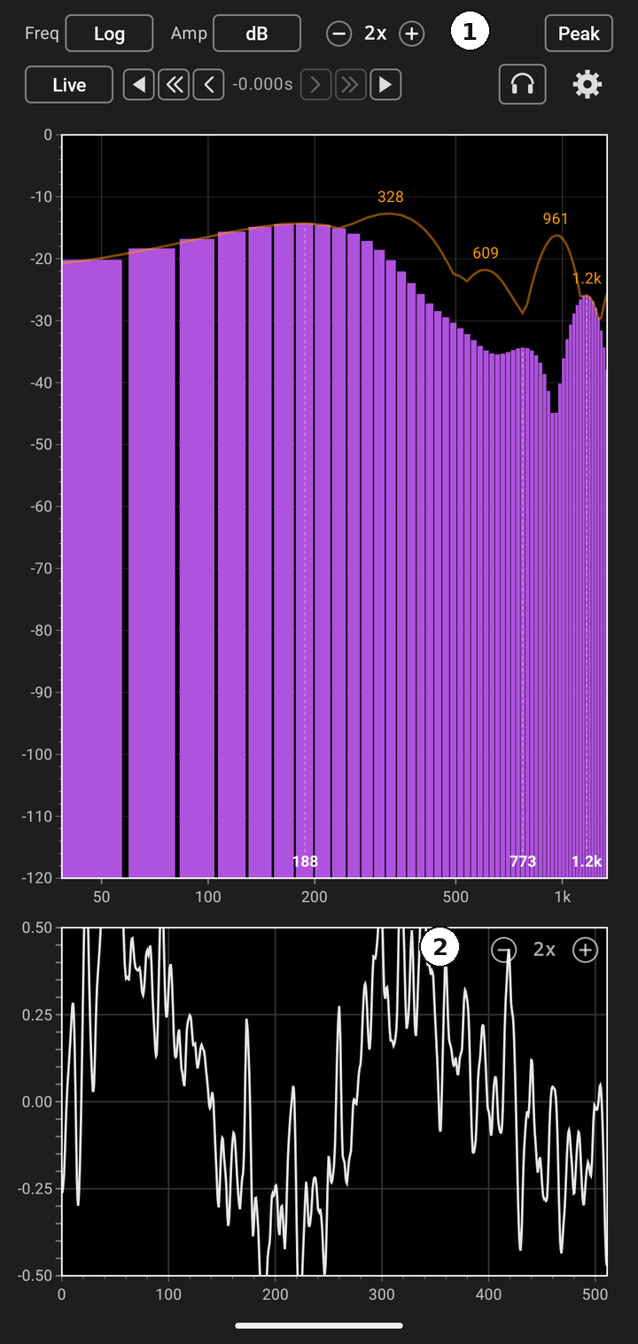 Bar view with zoom and custom colors (① spectrum zoom, ② waveform level zoom)