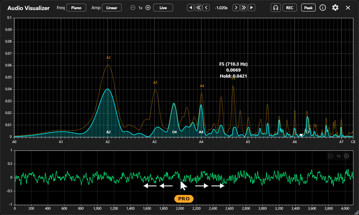 Piano frequency axis with Freeze mode active — monitor button, playback controls, and waveform drag-seek arrows (Pro)