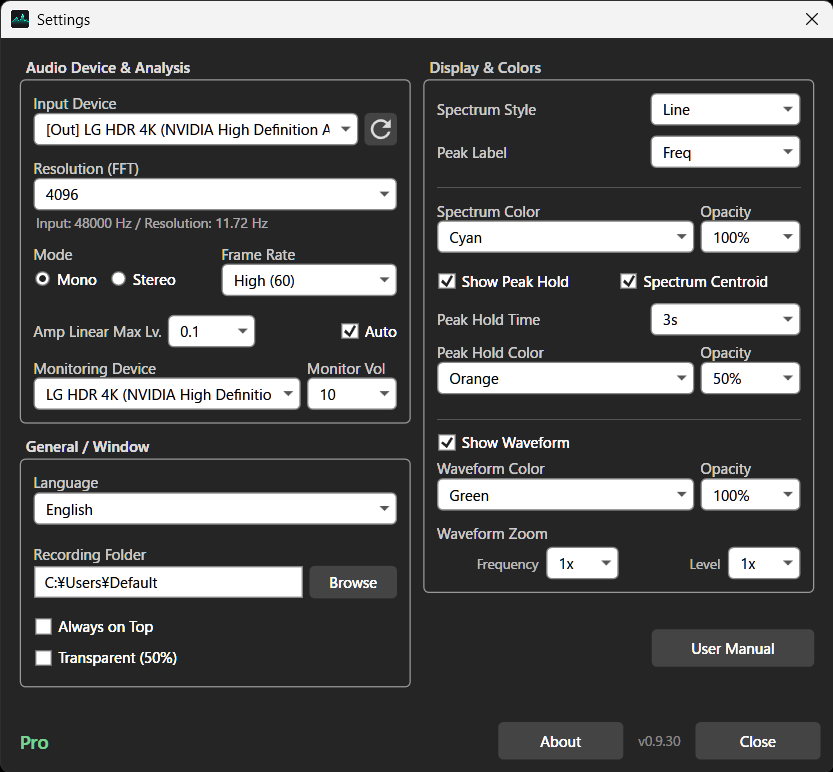 The settings window